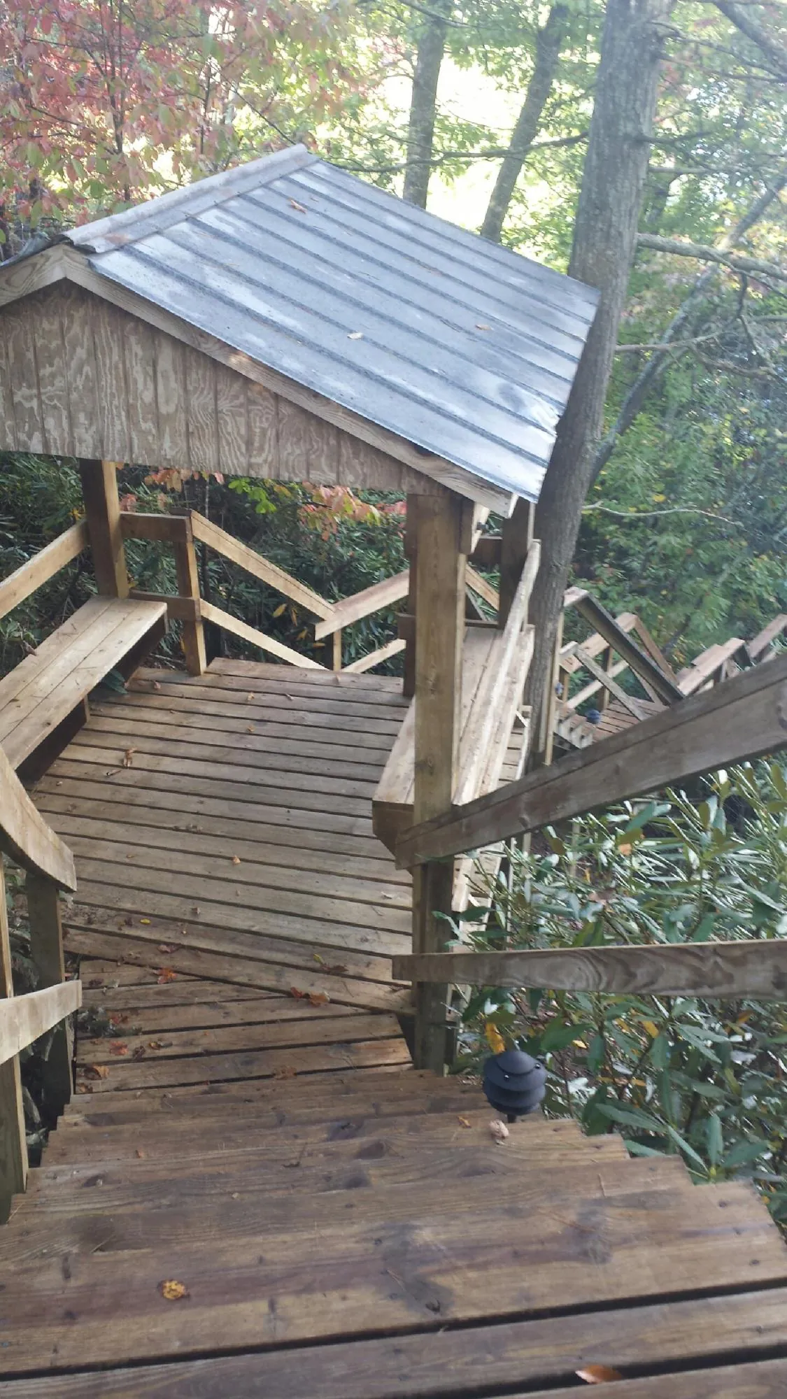 Metal roofed shelter over wooden steps on a wooded walkway — Skylight Repair & Installation work by our crew in Eagle Point